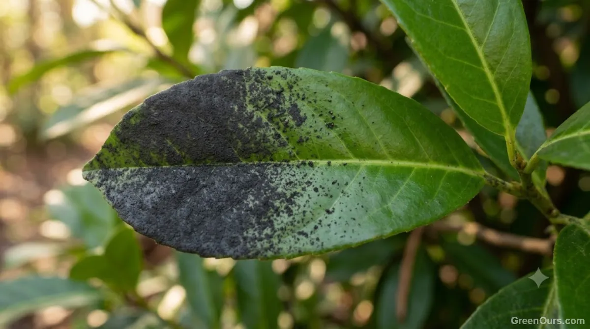Close-up of black sooty mold coating the surface of a green leaf