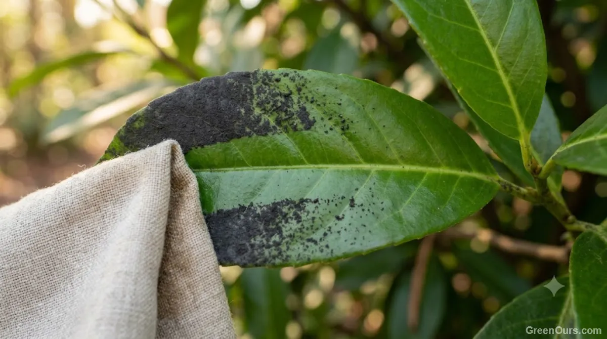 Damp cloth wiping black sooty residue off a leaf to reveal clean green tissue