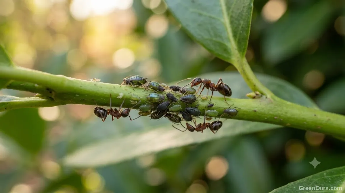 Aphids and ants on a plant stem near new growth