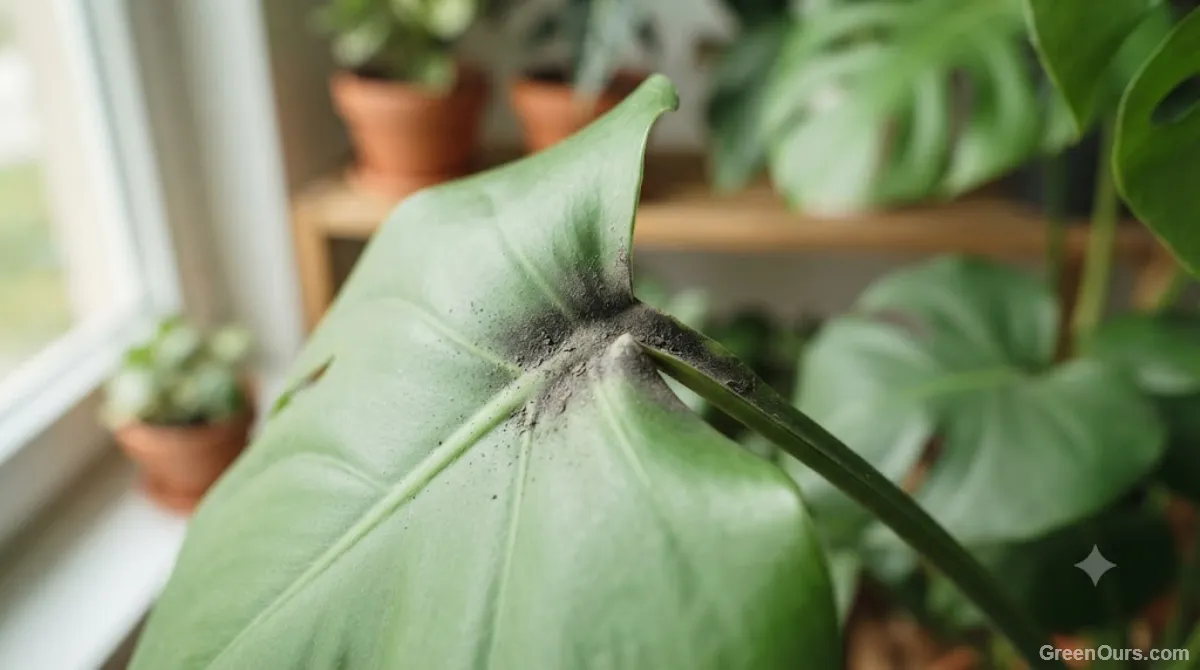 Close-up of a leaf coated in a dry, dusty black film near a leaf joint