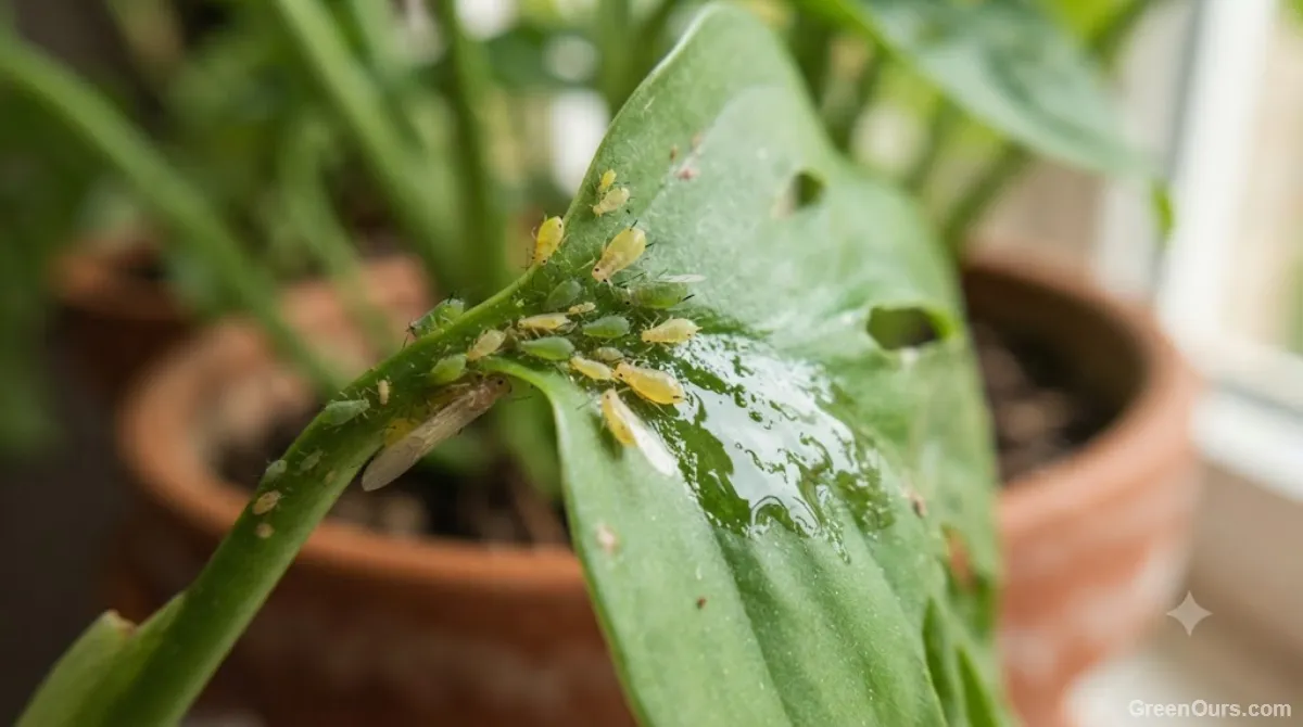 Aphids clustered on a leaf underside next to a shiny honeydew residue