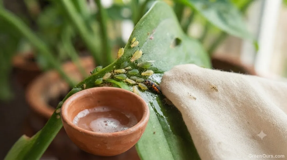 Soft cloth and bowl of soapy water used to clean a leaf outdoors