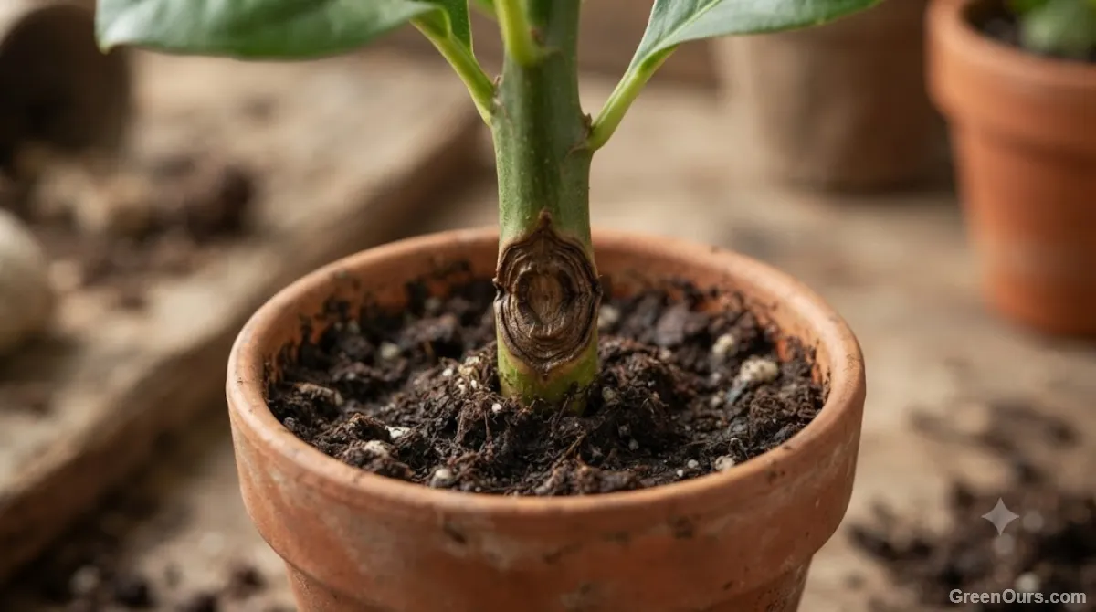 Close-up of a dark, sunken lesion at the base of a plant stem