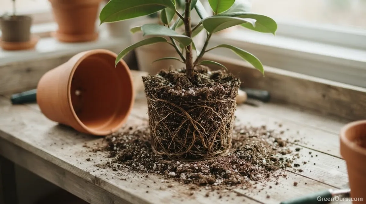 Plant removed from its pot with roots exposed for inspection