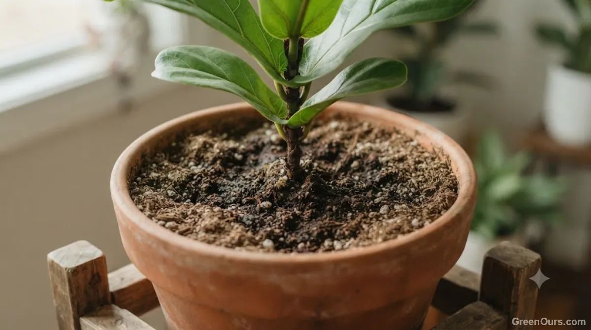 Hand testing potting soil drainage and moisture near a plant's stem base