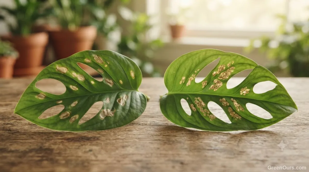 Side-by-side comparison of scattered edema patches and clustered pest feeding scars on leaves