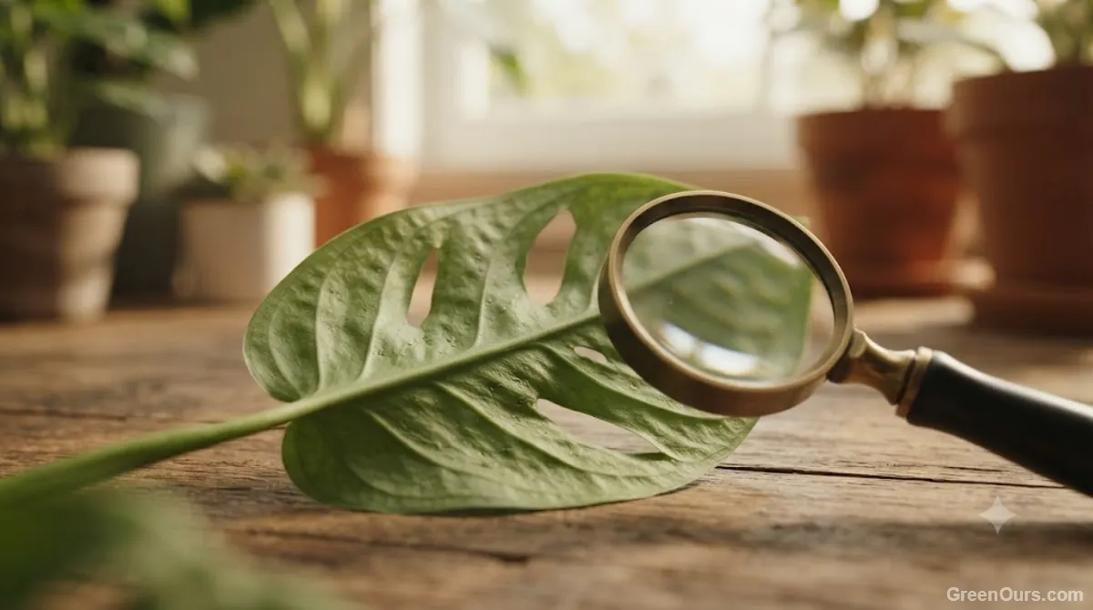 Hand lens held close to a leaf underside during a plant pest inspection