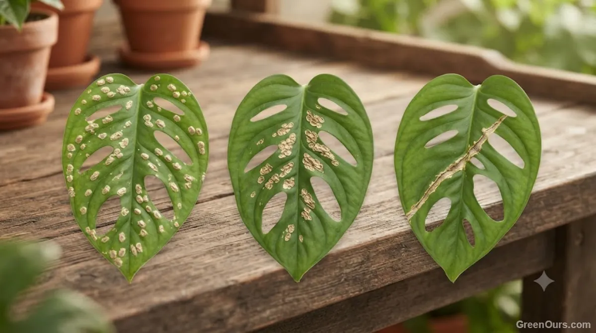 Three leaves showing different corky scar patterns from edema, pests, and mechanical damage