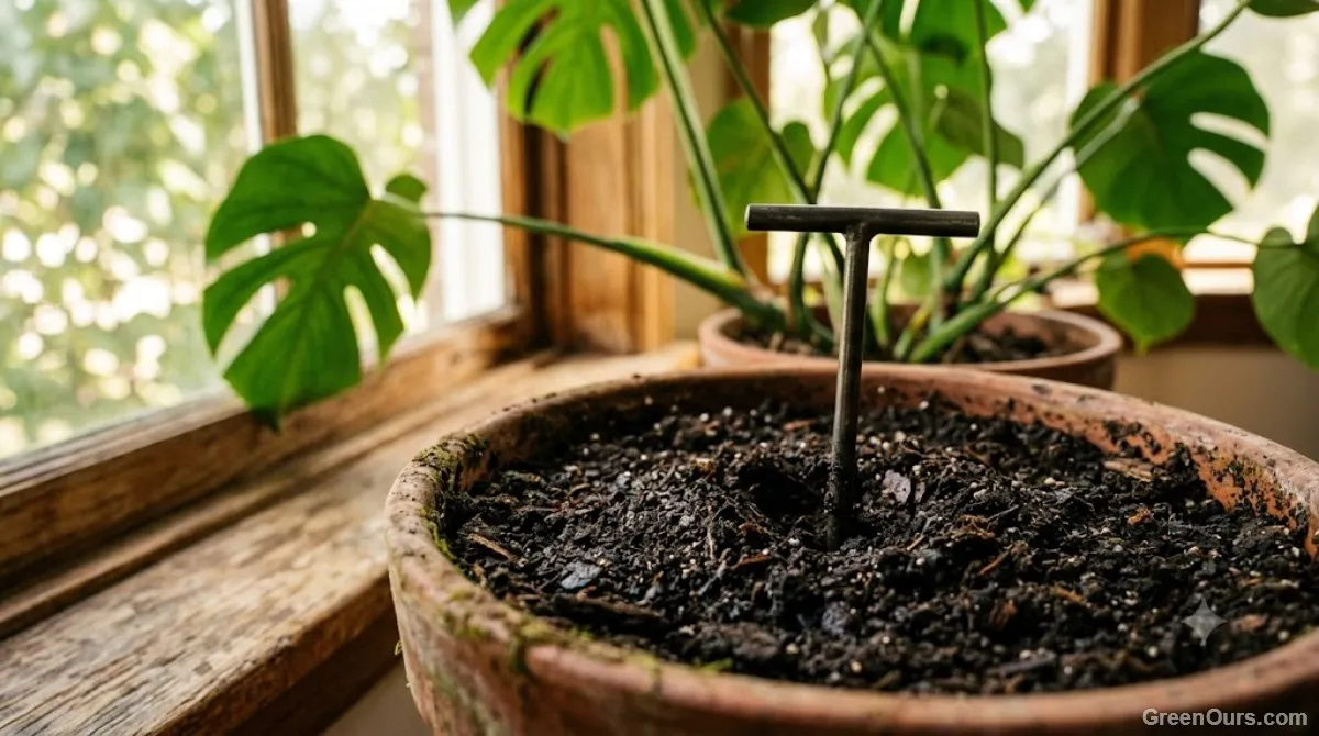 A fingertip pressed into potting soil to check moisture before watering a houseplant