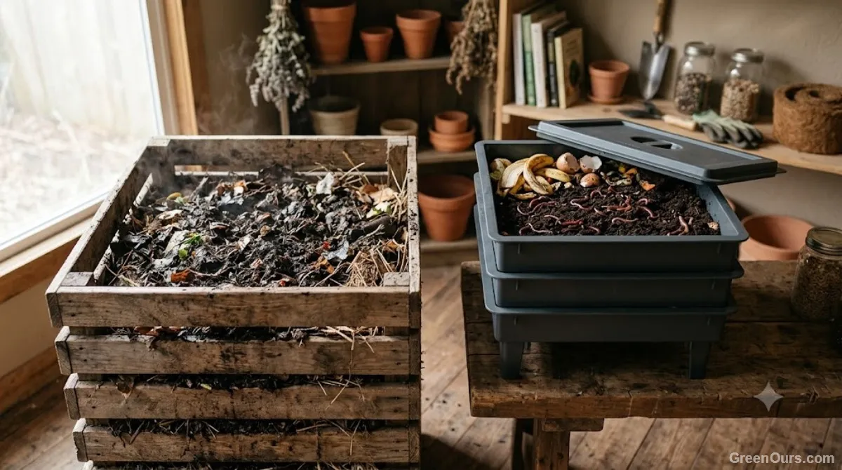 Finished dark crumbly compost with a garden trowel resting on top