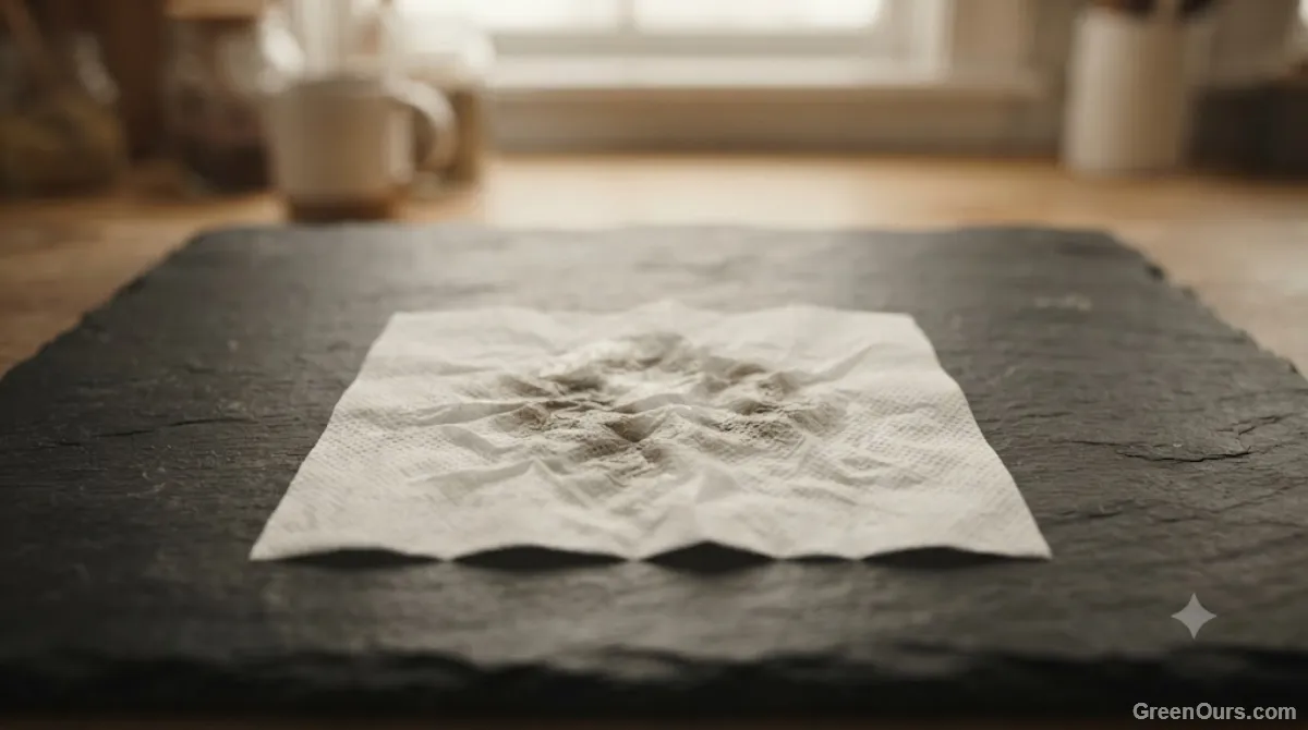 Crumpled paper towel and cloth napkin being placed into an open compost bin