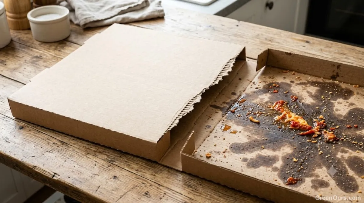 Pizza box torn into a clean lid section and a greasy bottom section for sorting