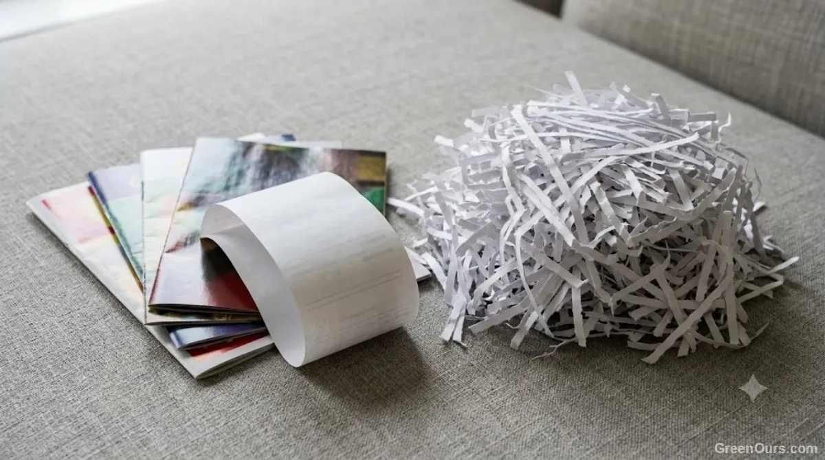 Thermal receipt and glossy junk mail flyer laid side by side on a counter