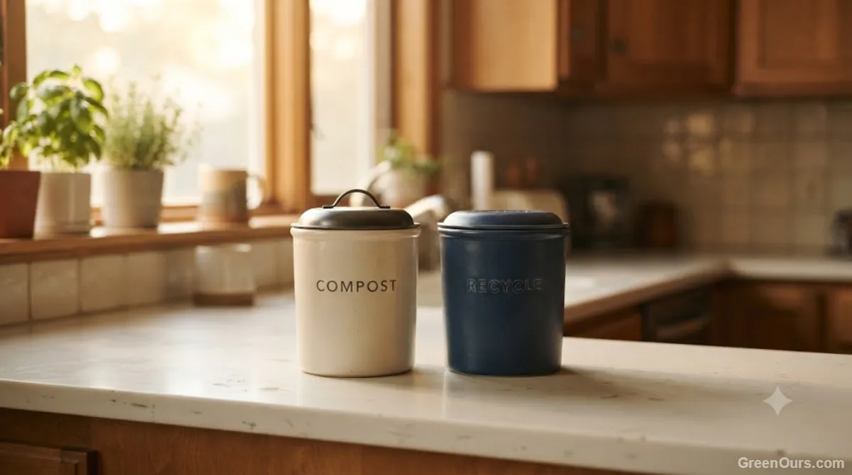 Two small bins on a kitchen counter, one labeled for compostable paper and one for trash