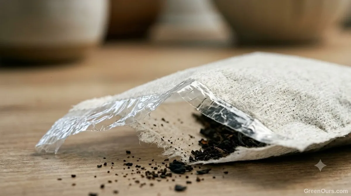 Torn-open tea bag showing the inner seal and stitching construction