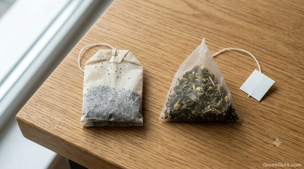 Side-by-side comparison of a flat paper tea bag and a silky pyramid tea bag