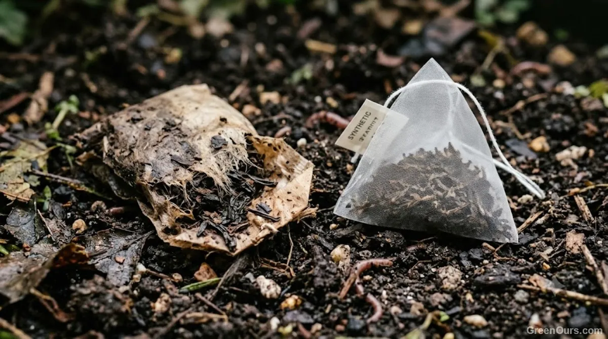 Partially decomposed tea bag in compost with paper breaking down around an intact mesh shape