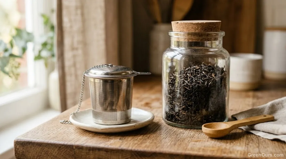 Loose leaf tea in a jar next to a small metal infuser
