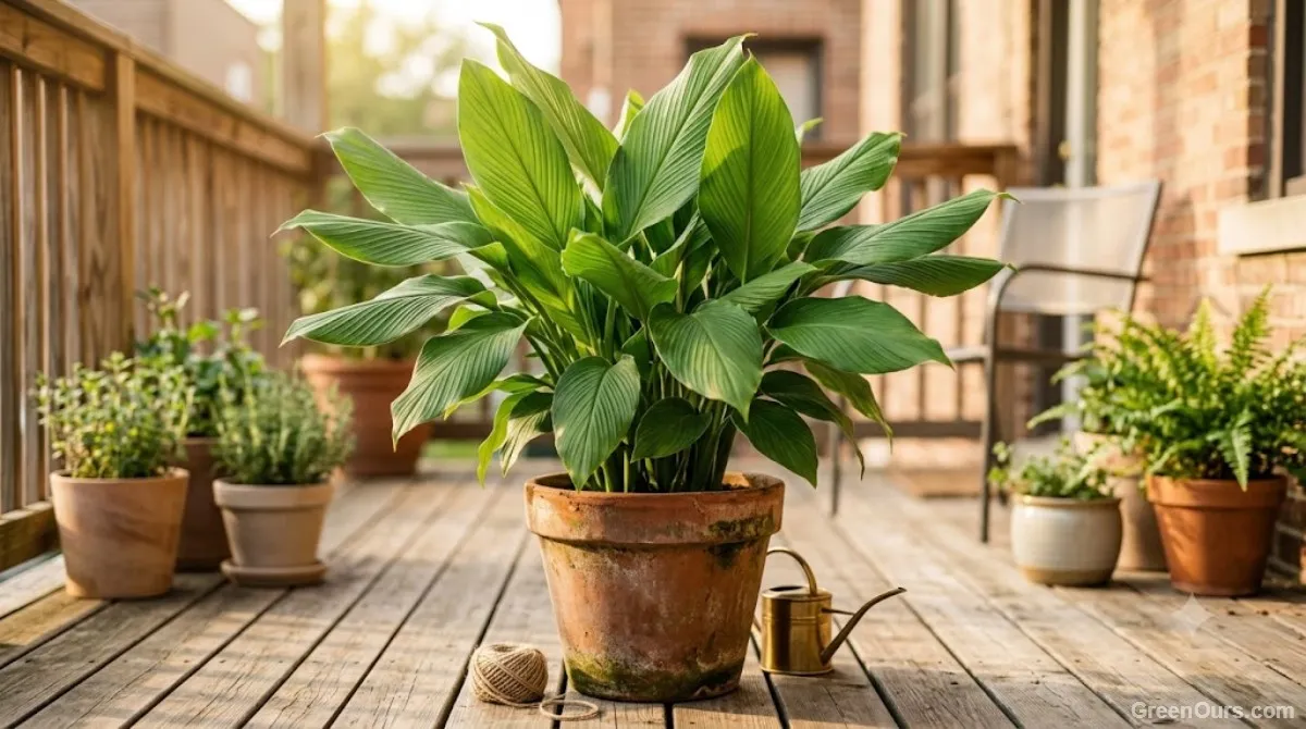 Green turmeric shoots emerging from soil in a container
