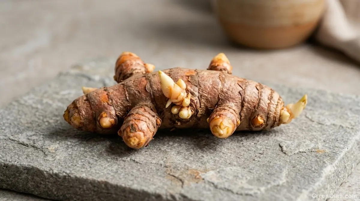 Freshly harvested turmeric rhizomes with soil still on them beside sliced pieces