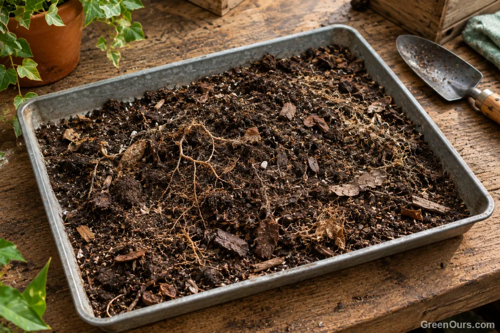 Pile of used potting mix emptied onto a tray for inspection before reuse