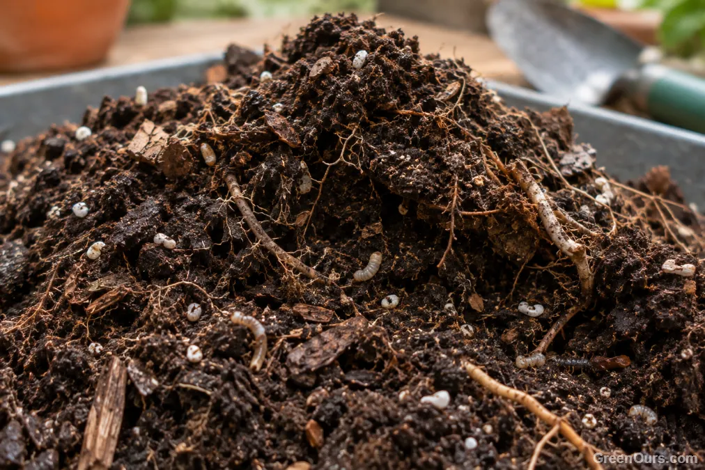Hand sifting through potting mix checking for pest larvae