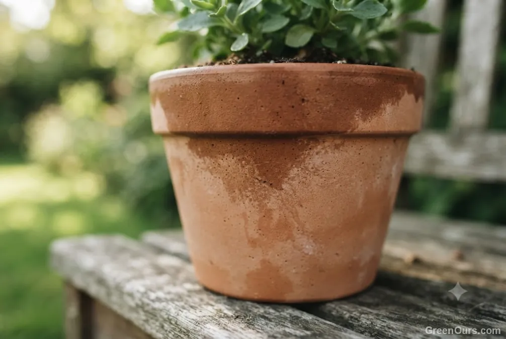 Unglazed terracotta pot showing visible water wicking through the porous clay wall
