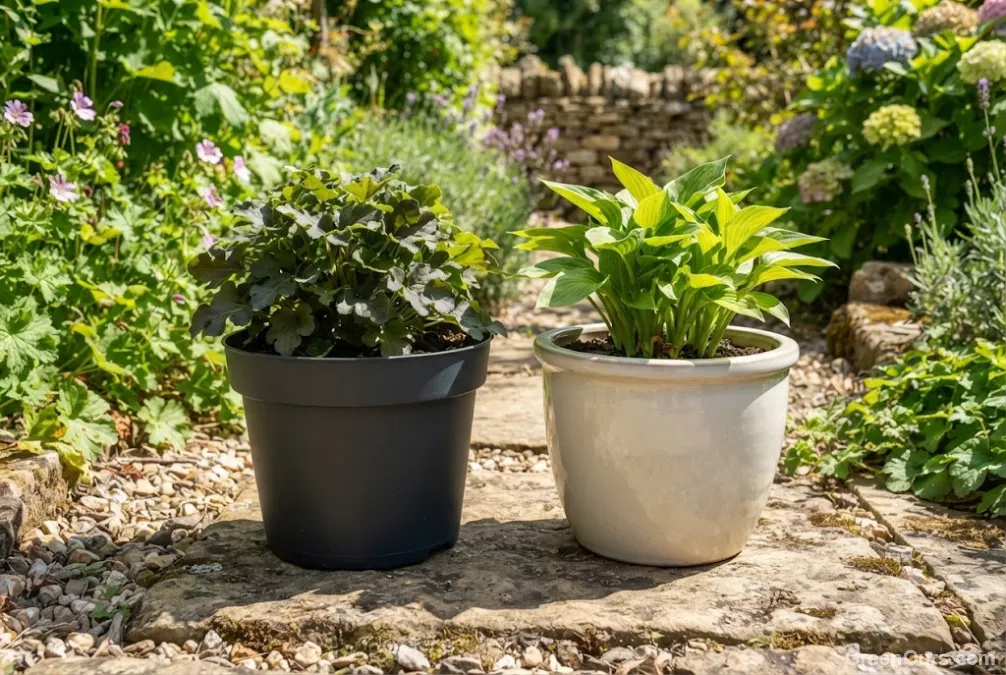 Dark plastic plant pot sitting in direct sunlight next to a light-colored glazed ceramic pot