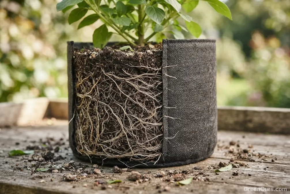 Fabric grow bag with visible root growth reaching the breathable fabric wall