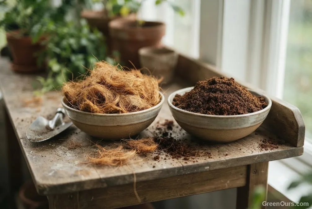 Side-by-side comparison of coco coir fiber and peat moss in separate containers