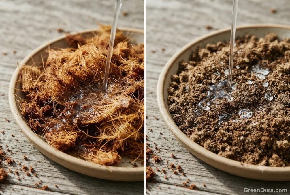 Close-up of water droplets absorbing into coco coir fiber versus beading on dry peat moss