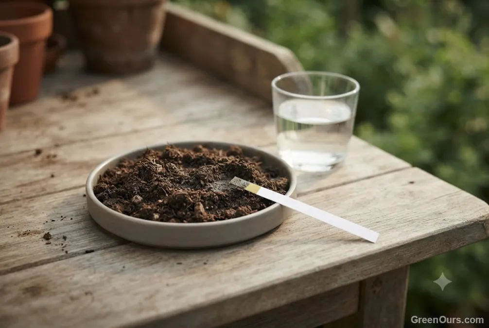 pH test strip held against a soil sample from a potted plant