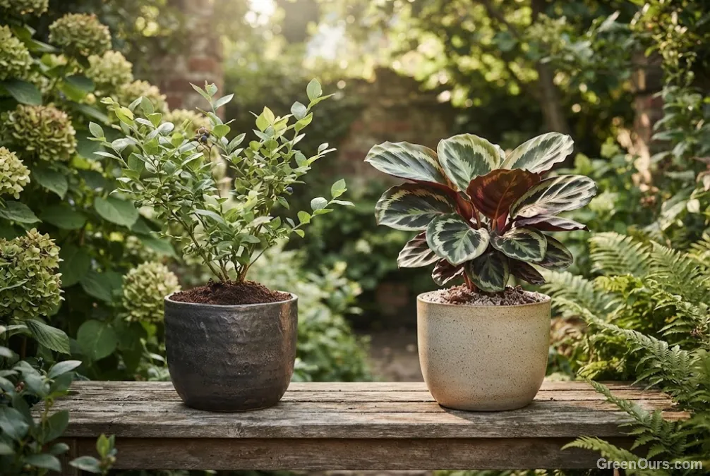 Potted acid-loving shrub next to a tropical houseplant, each in a different growing medium