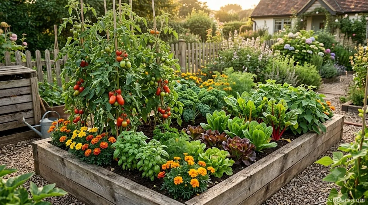 Tomato plant with basil growing at its base in a raised garden bed