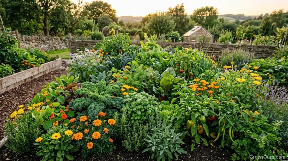 Gardener's notebook with a hand-drawn sketch of a vegetable bed layout