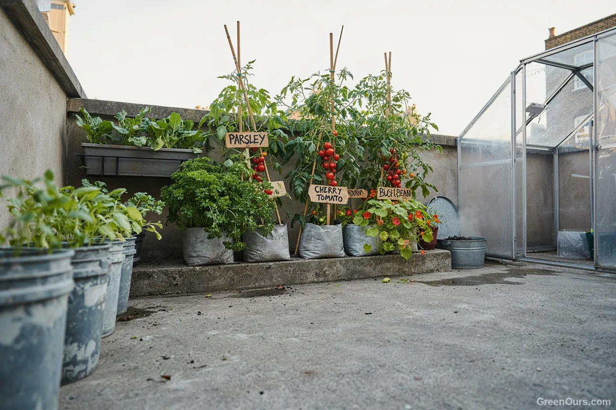 Fabric grow bag, five-gallon bucket, and railing planter arranged on a small patio