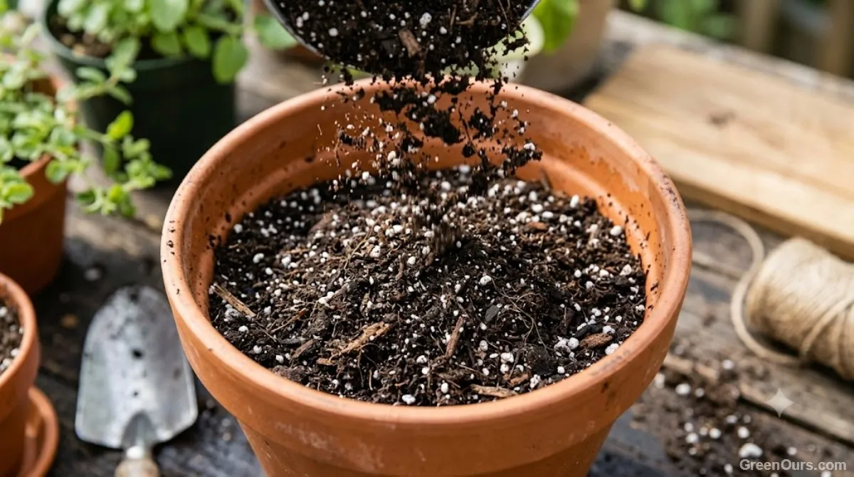 Close-up of loose potting mix with visible perlite being poured into a container