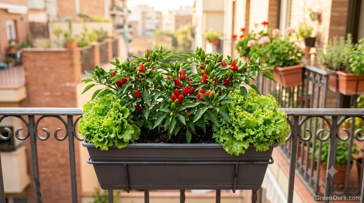 Railing planter with compact peppers and loose-leaf lettuce growing together
