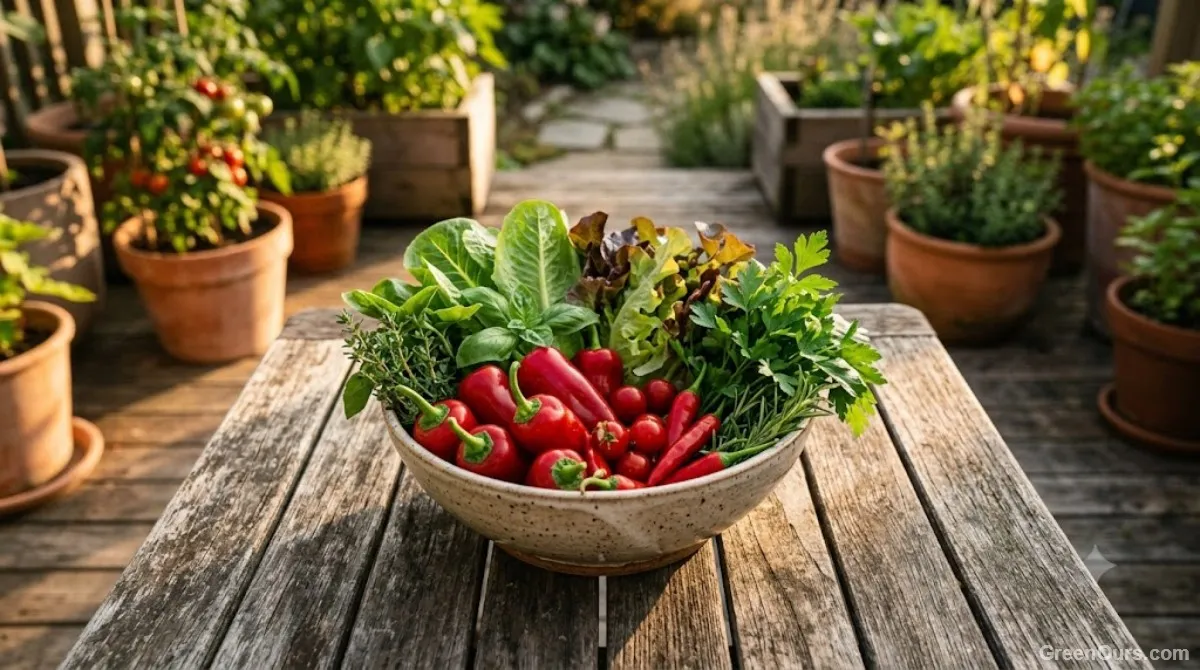 Small harvest of lettuce, peppers, and herbs in a bowl on a patio table