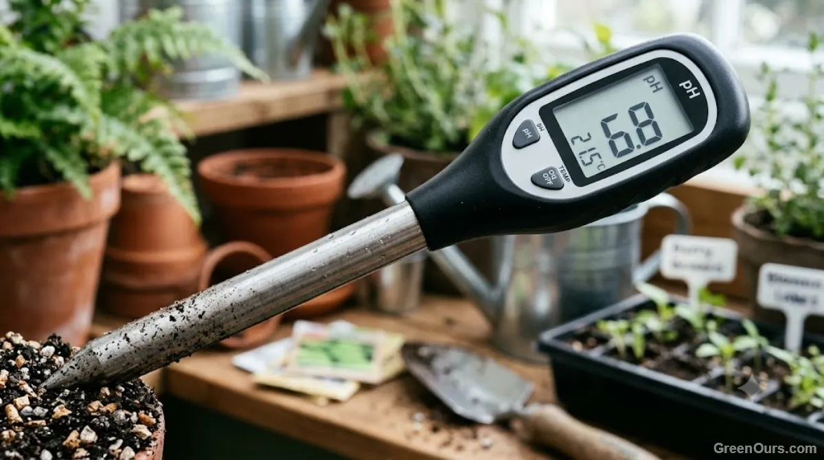 Digital soil pH meter probe inserted into soil showing a numeric reading on the display