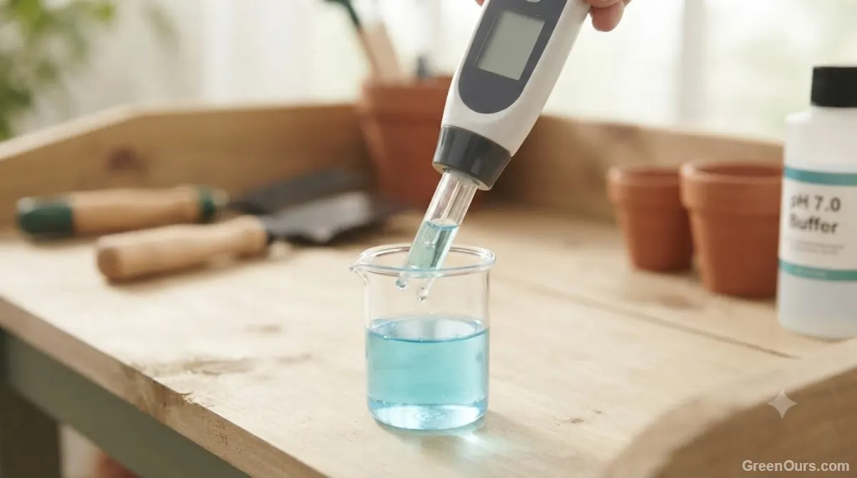 Soil pH meter probe being rinsed in calibration solution before use