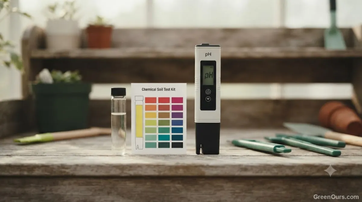 Chemical soil test kit vial and color chart next to a digital pH meter on a potting bench