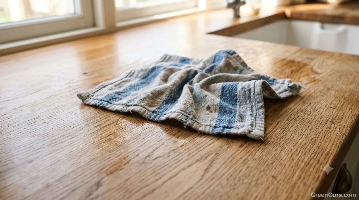 Mismatched glass jars and worn dish towels repurposed for kitchen storage