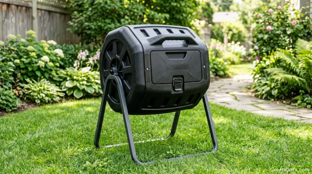 A compost tumbler raised on a metal frame in a backyard garden