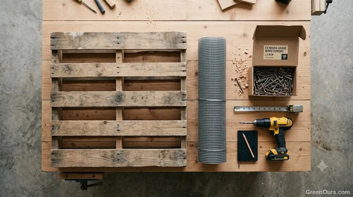 Wooden pallets, hardware cloth, and screws laid out for a DIY compost bin build
