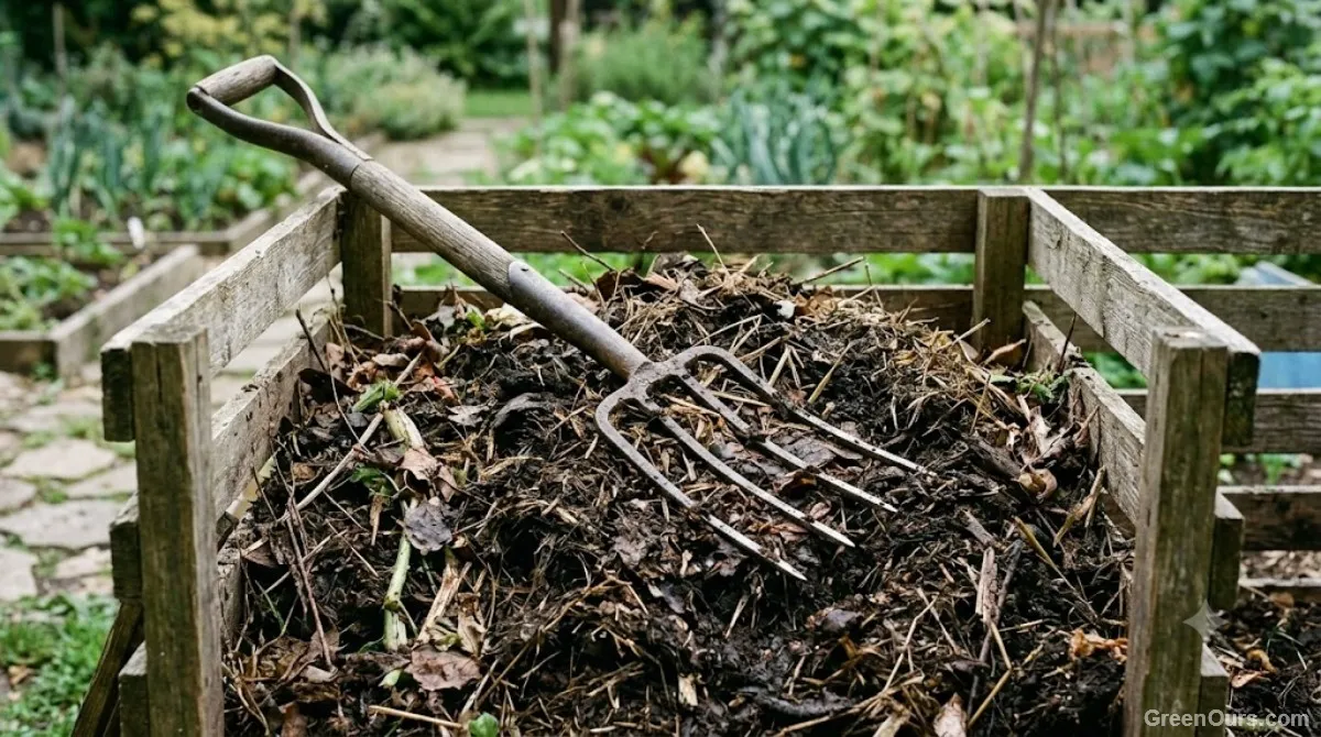 A pitchfork turning compost in an open stationary bin