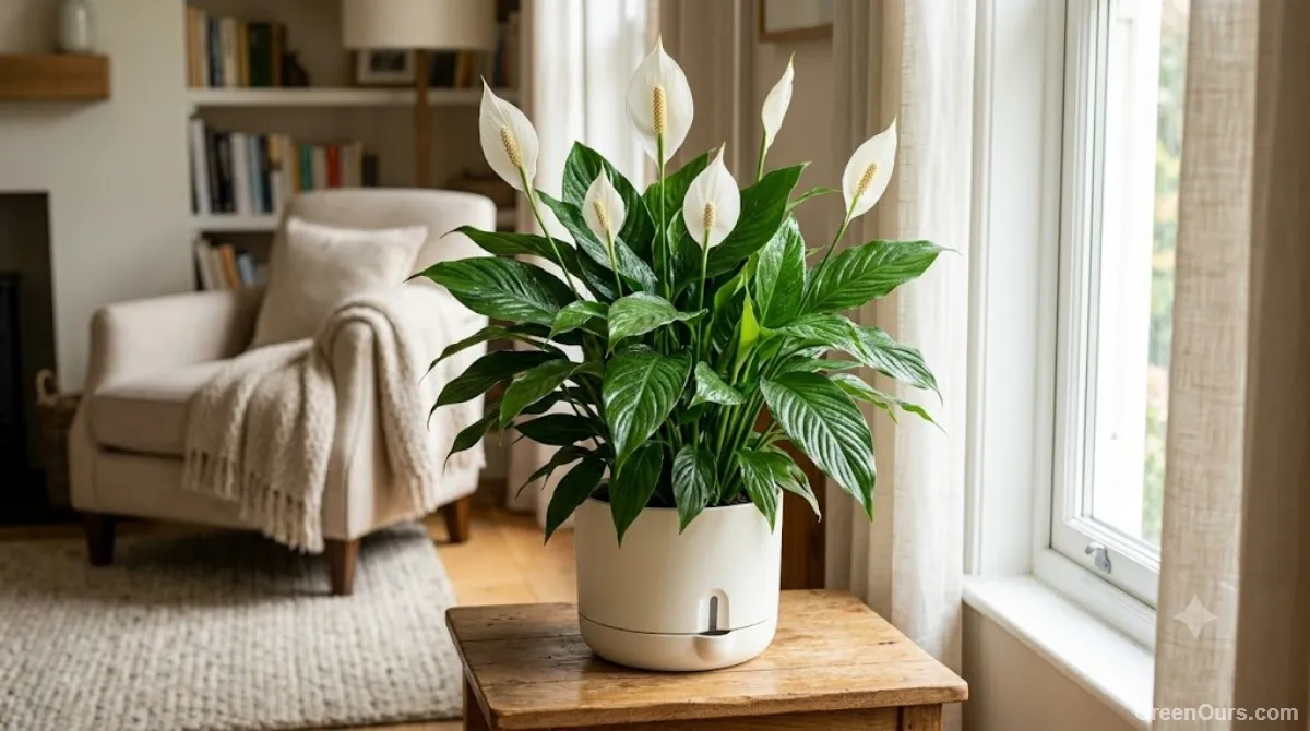 Peace lily growing in a self-watering planter with visible water level indicator