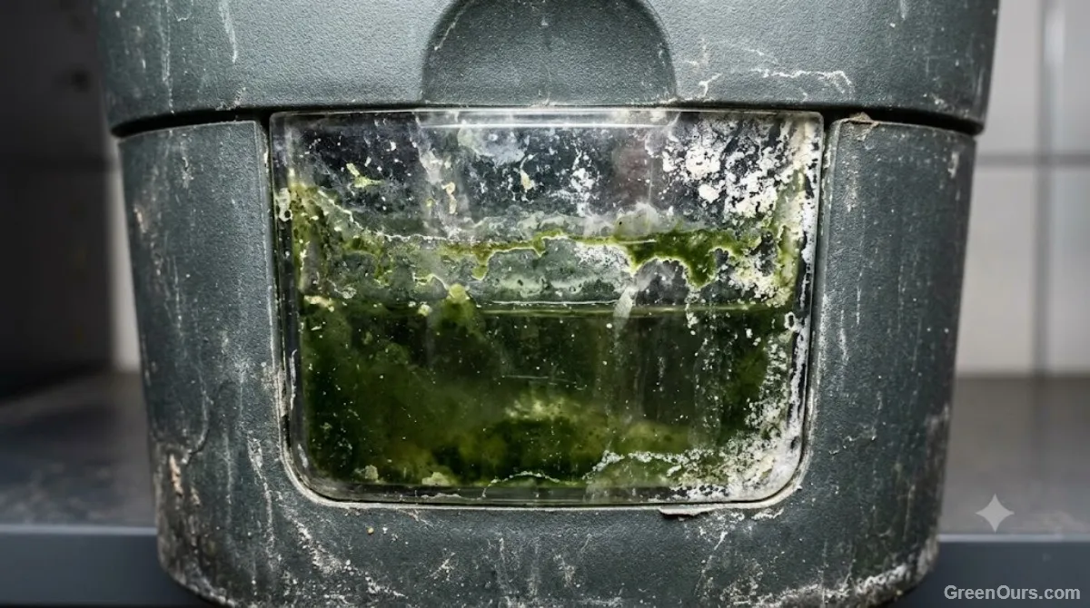 Close-up of algae buildup inside a self-watering planter's water reservoir window