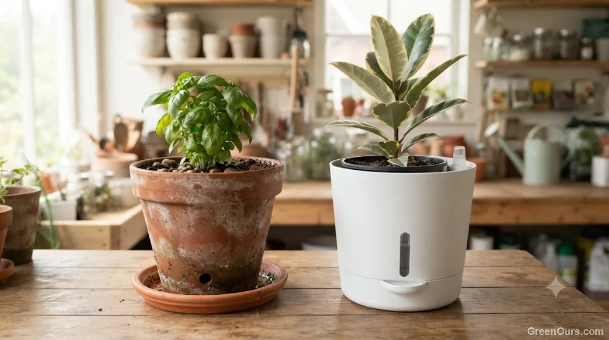 Terracotta pot with drainage hole next to a self-watering planter for comparison