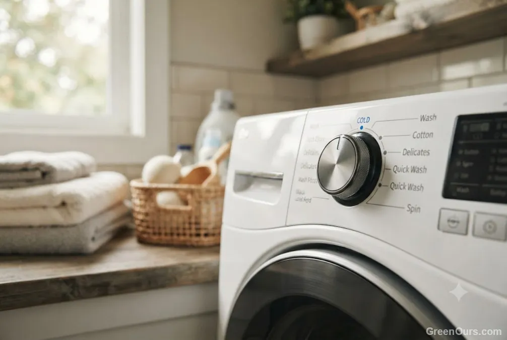 Hand turning a washing machine dial from a hot setting to cold